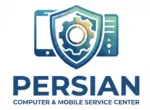لوگوی مرکز خدمات کامپیوتر و موبایل پرشین (PERSIAN) شامل تصویر یک سپر با چرخ‌دنده در مرکز، همراه با نمادهای گوشی موبایل و کیس کامپیوتر در پس‌زمینه