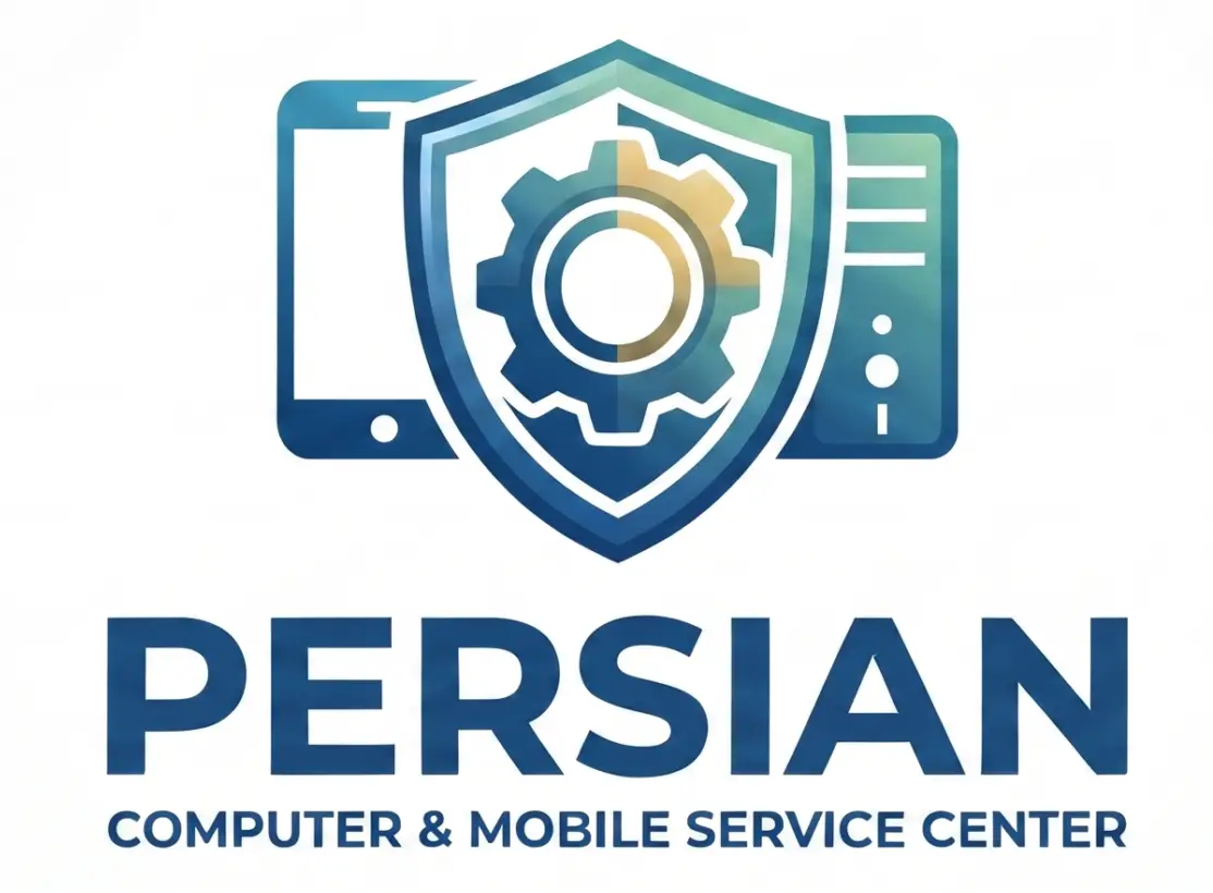 لوگوی مرکز خدمات کامپیوتر و موبایل پرشین (PERSIAN) شامل تصویر یک سپر با چرخ‌دنده در مرکز، همراه با نمادهای گوشی موبایل و کیس کامپیوتر در پس‌زمینه